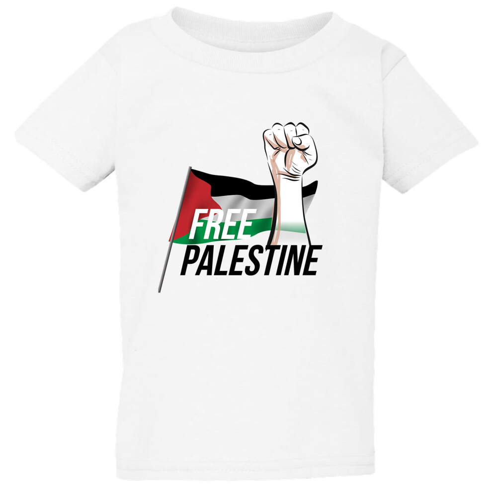 (Medium / 3T / 2-3 YO) Free Palestine Political Freedom Flag White T-Shirt Tee Top Baby Kids Boy Girl