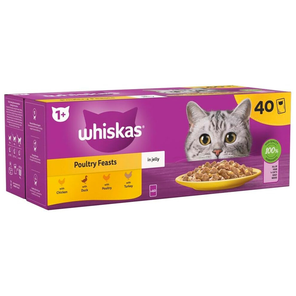 Whiskas 1+ Adult Poultry Selection In Jelly 40 Pouches, Adult Wet Cat Food, Megapack (40 X 85 G)