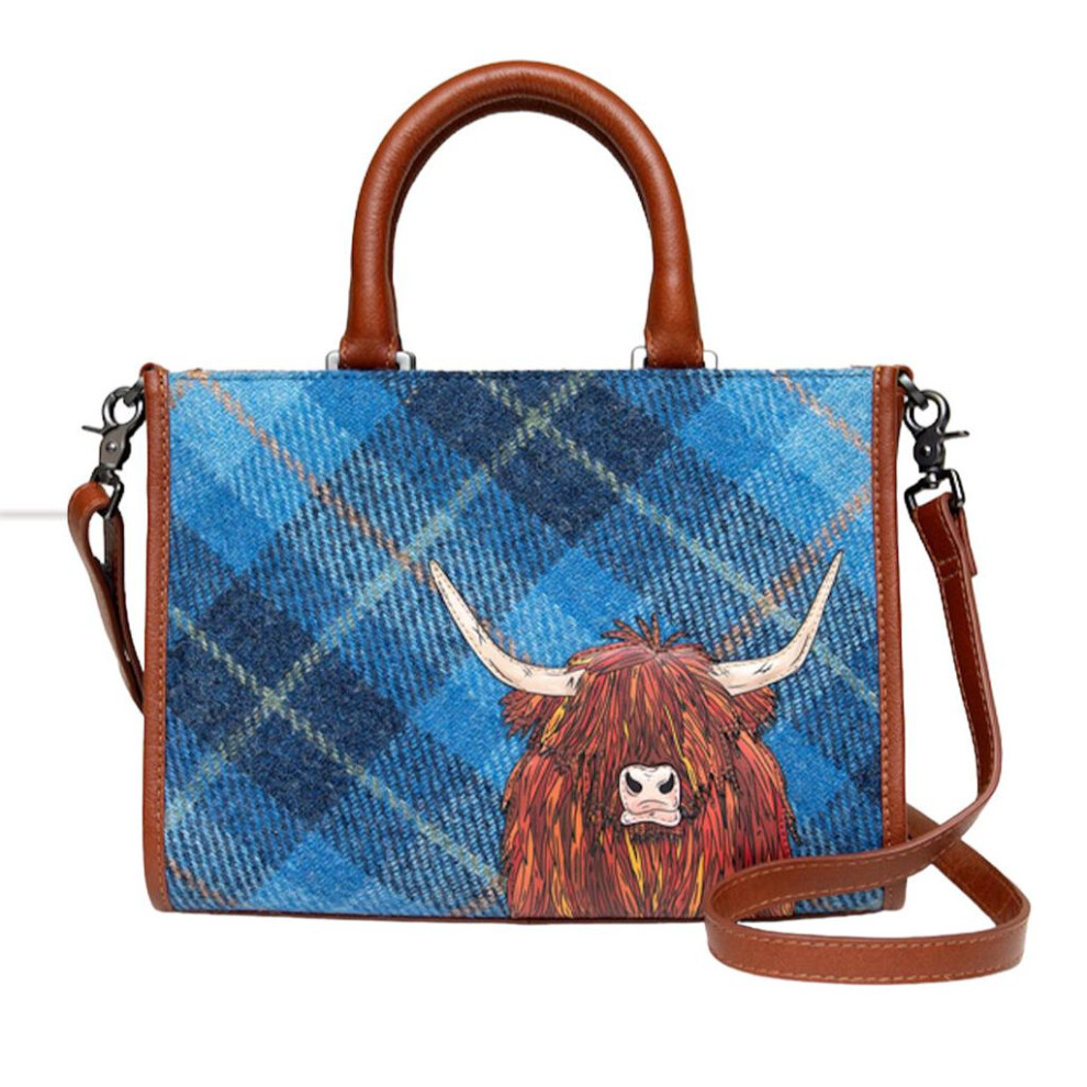 Blue Highland Cow Coo Harris Tweed & Leather Multiway Grab Bag