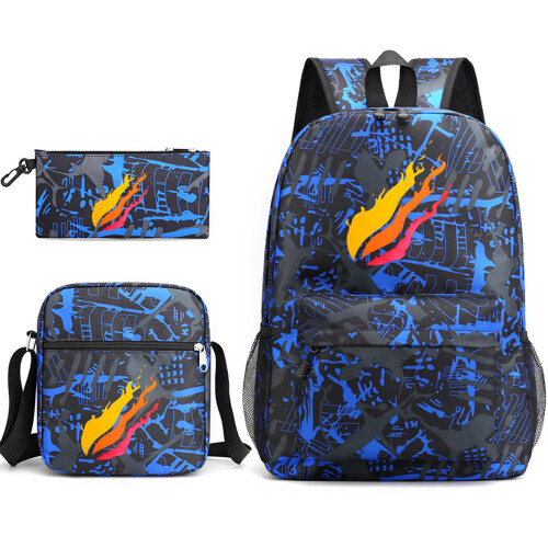 (Blue Pattern A) Prestonplayz School Bag Backpack Three-Piece Set