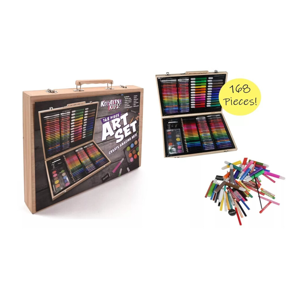 Wooden 180pc Box Artist Set Deluxe Art Oil Pencils Pens Markers Paints Crayons