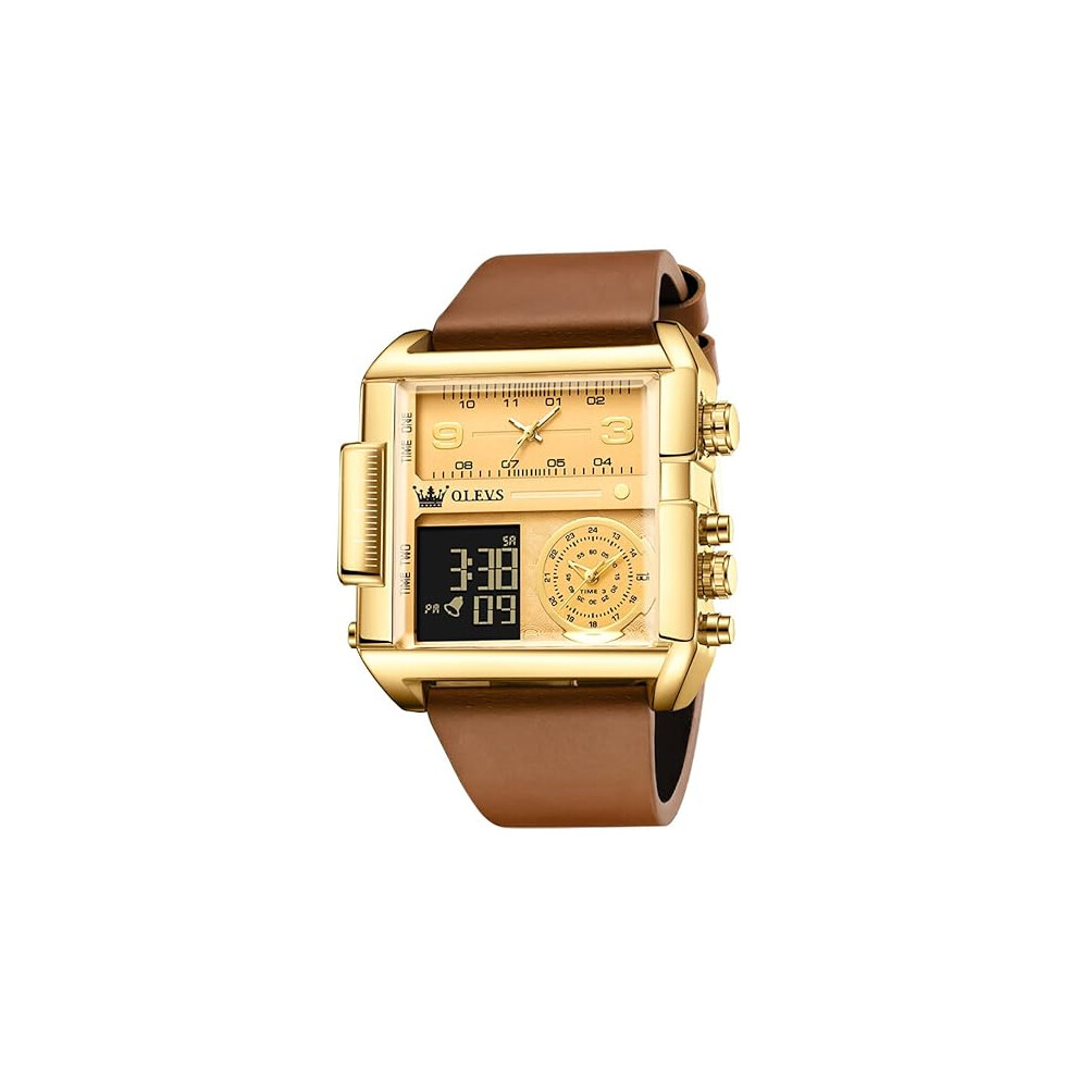 OLEVS Men's Sport Watch Large Face Digital & Analog Quartz Wrist Watch with LED Square Multi-Time Zone Waterproof Stopwatch