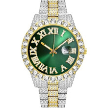 Hip Hop Luxury Men's Rhinestone Watch with Roman Numerals Scale with Date Silver Gold Stainless Steel Full Iced-Out Bracelet Watch for Men