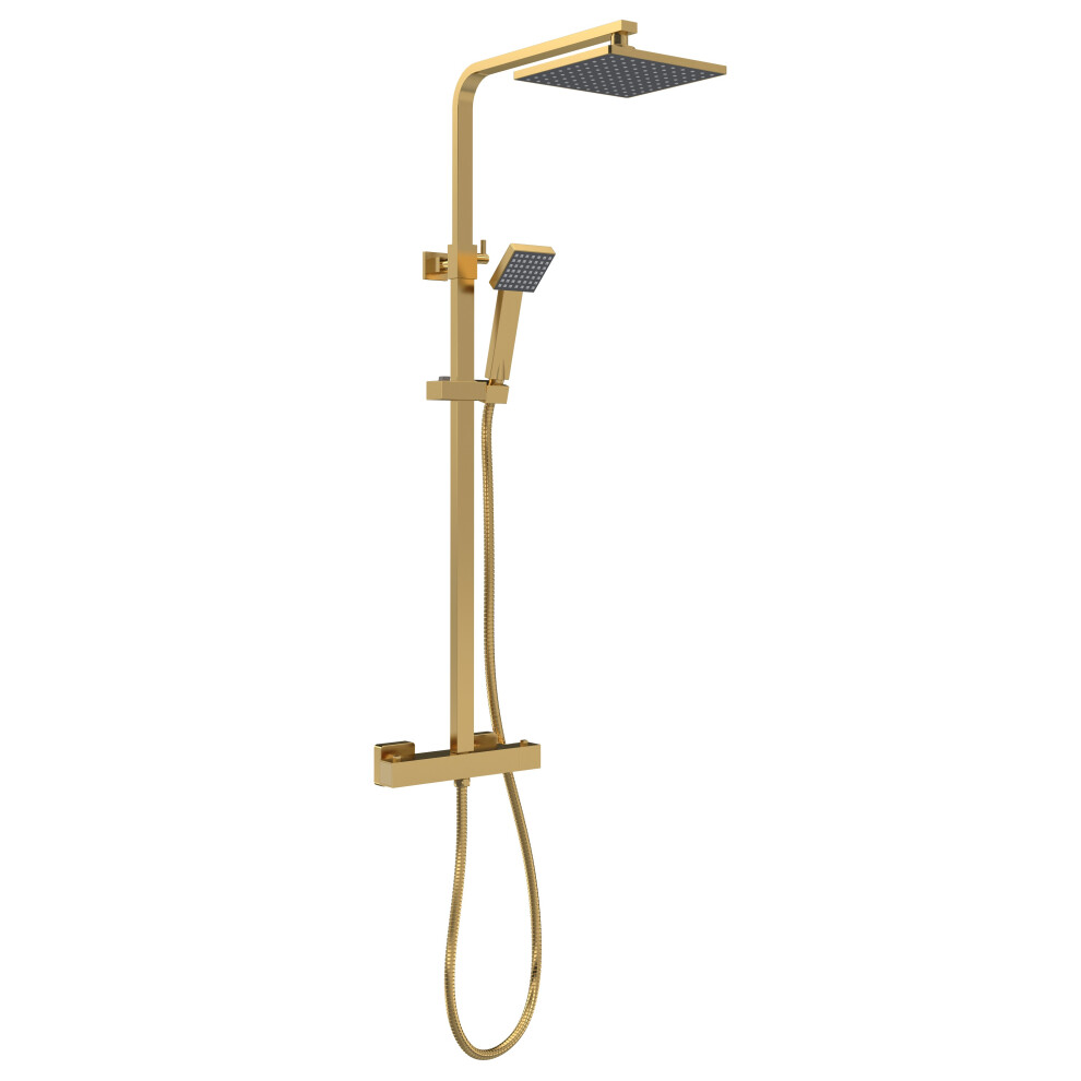 Square Thermostatic Shower Kit with Fixed Head & Adjustable Handset - Brushed Brass-image-OPC-PF97SSJ-NEW