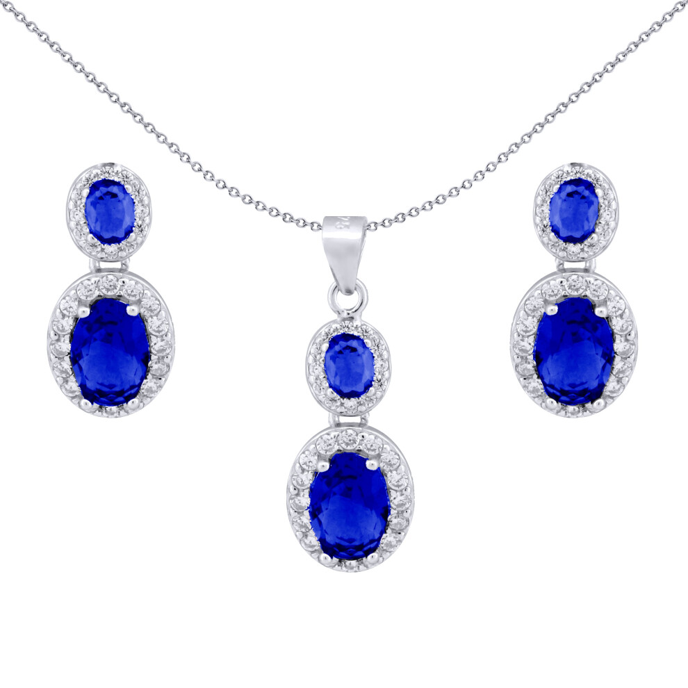 925 Silver  Princess Kate Sapphire Centre CZ Earring Pendant Set - AEP001B