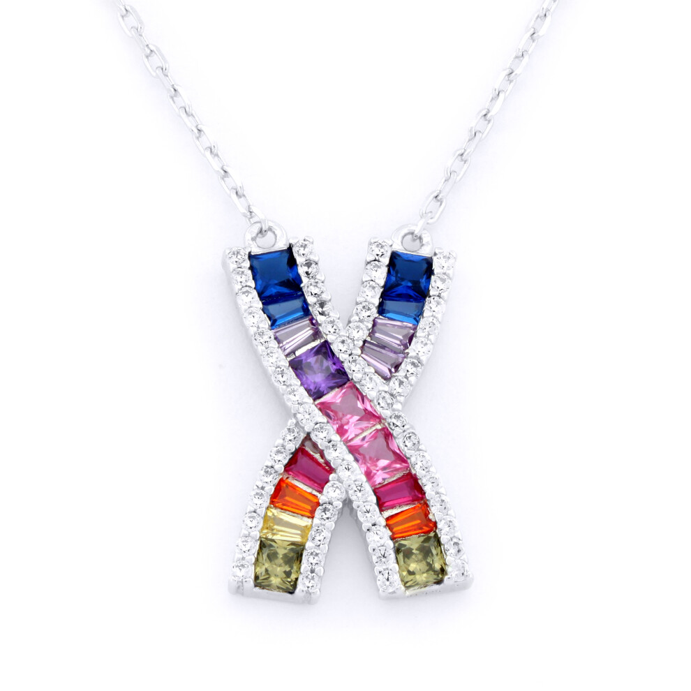 Jewelco London Rhodium Silver Rainbow Princess Baguette CZ Crossroads Channel Kiss Pendant Necklace - ANC091
