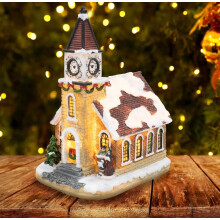 LED Resin Christmas Village Clock Tower Ornament with Lights — 4 Designs Available, Warm White LEDs, Battery-Operated, 14x18x25 cm