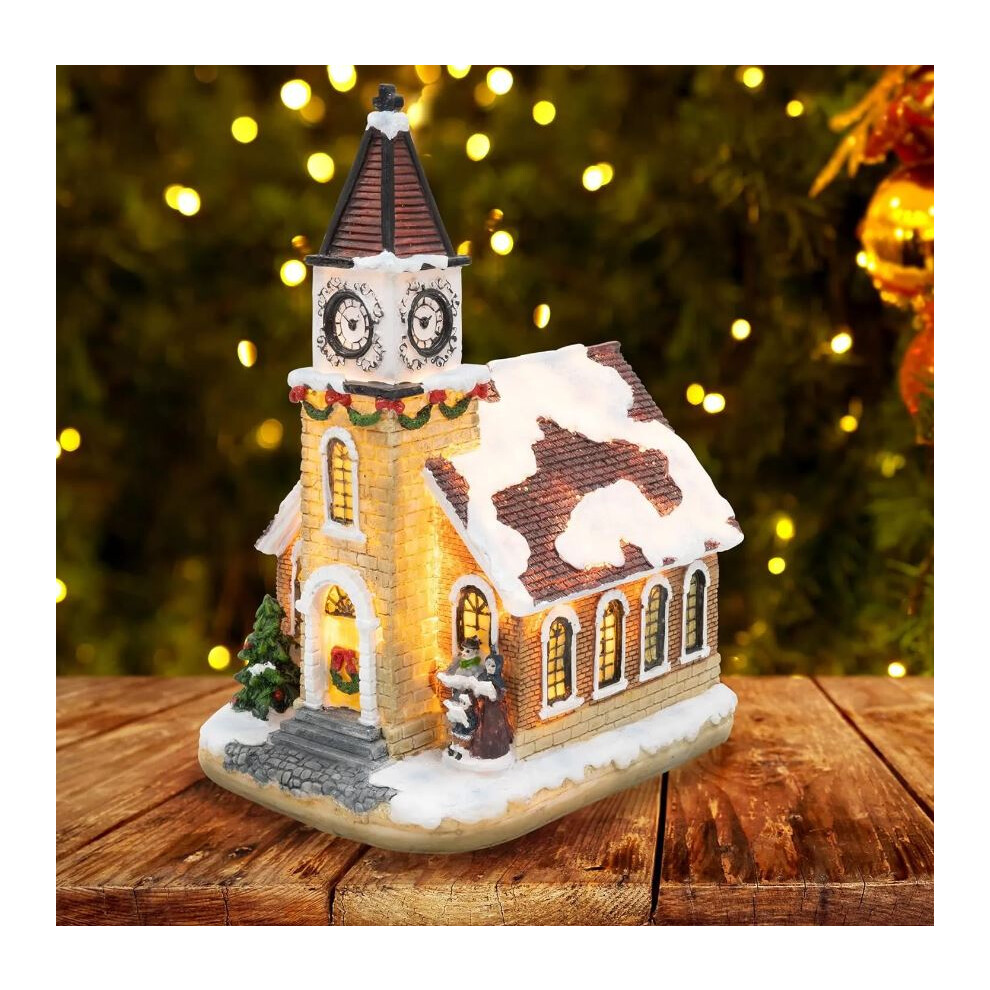 LED Resin Christmas Village Clock Tower Ornament with Lights Decor