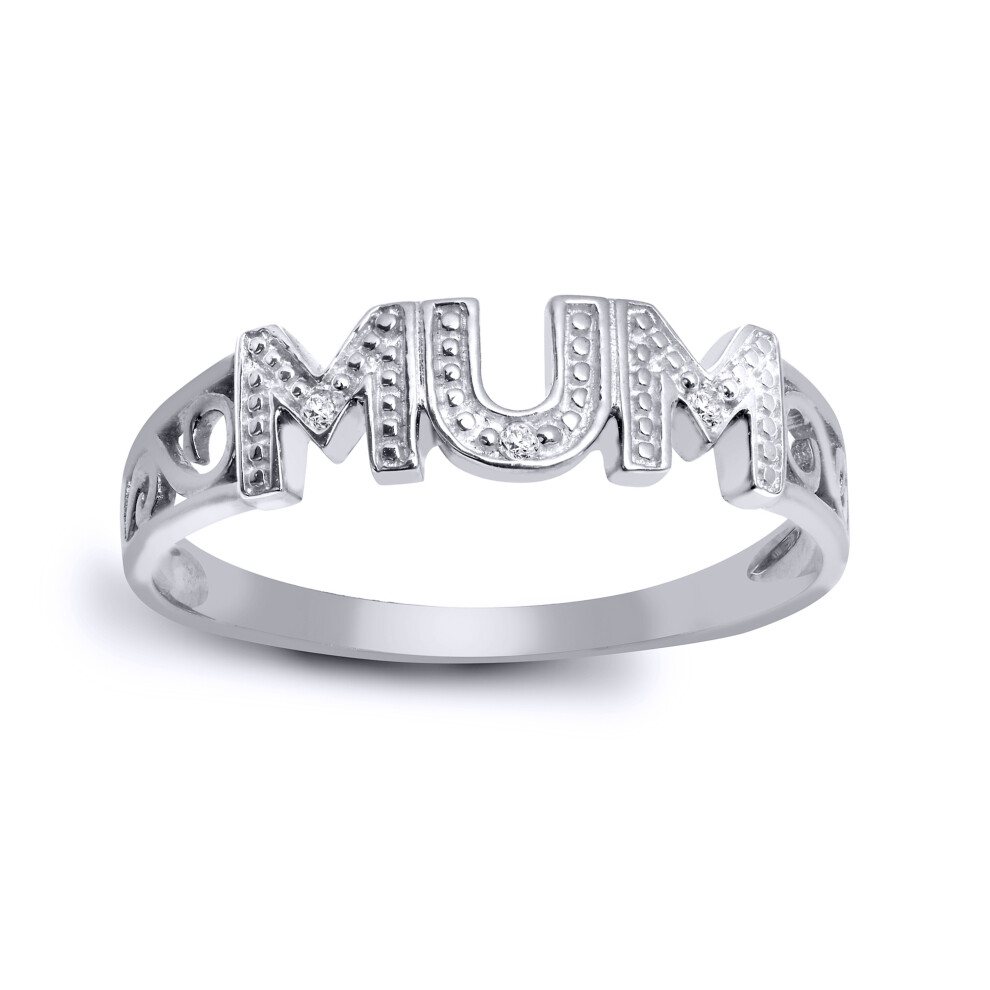 (I) Jewelco London Ladies Solid Hallmarked 925 Sterling Silver Pave Set Round H I2 0.02ct Diamond Ribbon Scroll MUM Ring 5mm - 925R536