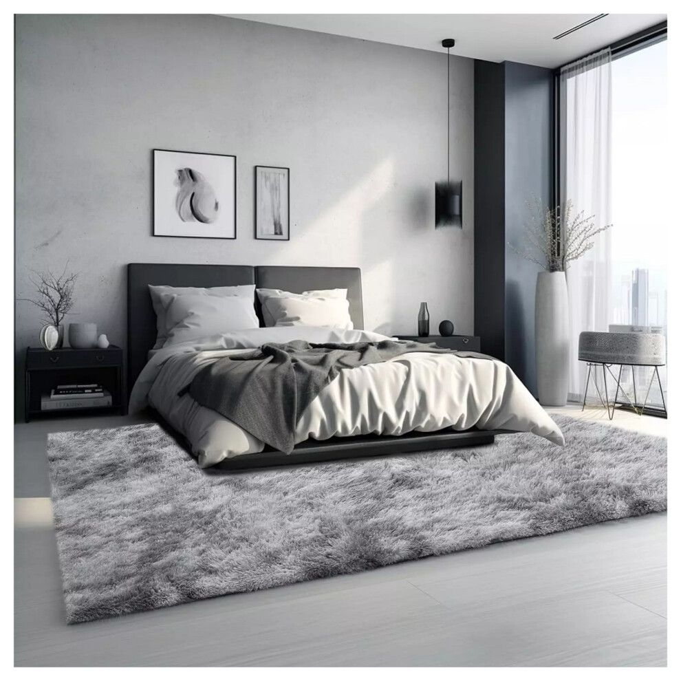 (160x230) Silver Rugs Living Room Non-Slip Shaggy Fluffy Carpet Floor Mats