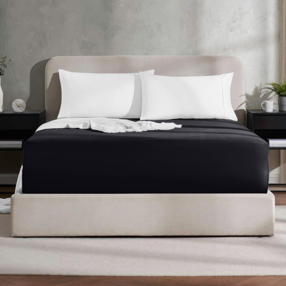 (Black, Double) Luxury Fitted Sheet Single Double King Bed Sheets