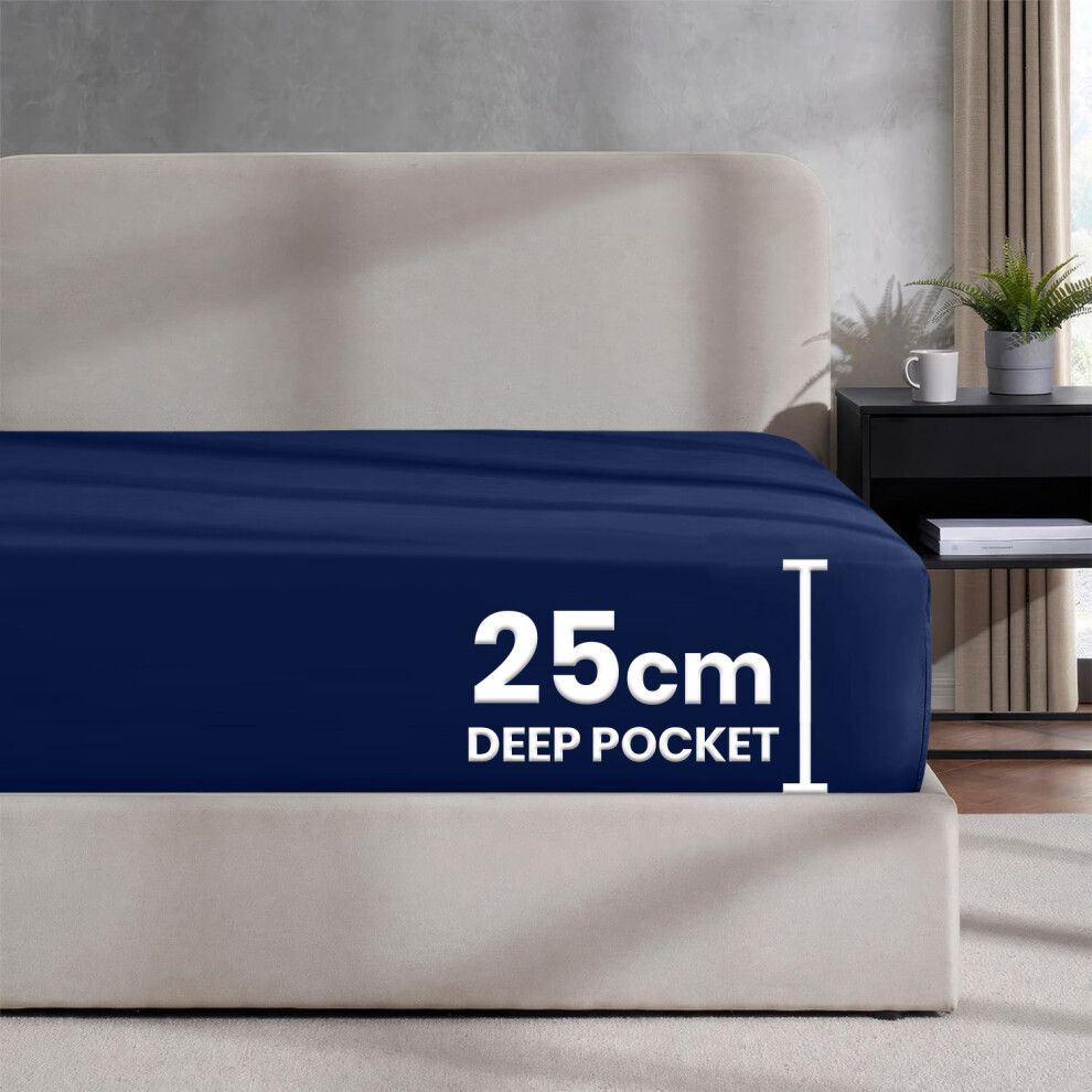 (Navy Blue, Double) Luxury Fitted Sheet Single Double King Bed Sheets