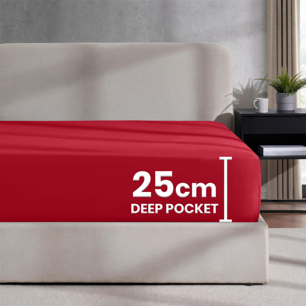 (Red, Double) Luxury Fitted Sheet Single Double King Bed Sheets