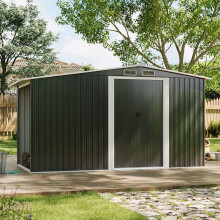 8 x 4 ft Metal Shed Garden Storage Shed Apex Roof Double Door with 4.3 x 2.1 ft Log Store, Anthracite