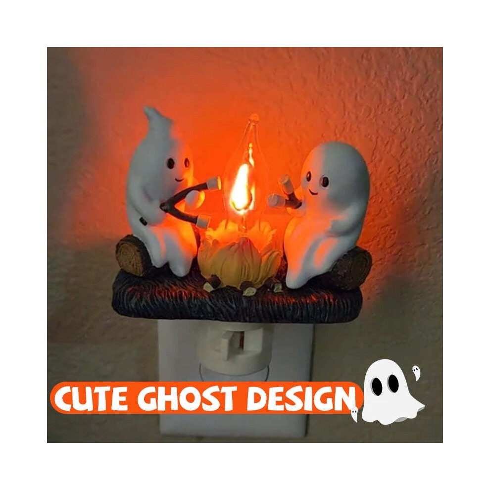 (US Plug) Ghost Campfire Flickering Nightlight Halloween Ghost Bonfire Night Lights in Plug Wall Pumpkin LED Lamp Room Decorations Gifts