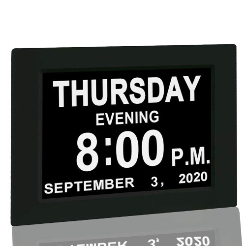 (7 Inch, Black) Digital Alarm Clock Dementia Elder Christmas Gifts Calendar Memory