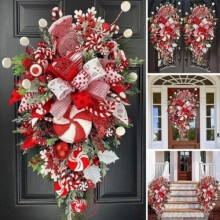 Christmas Wreath Garland Candy Cane Bow Ornament Front Door Wall Home Decor