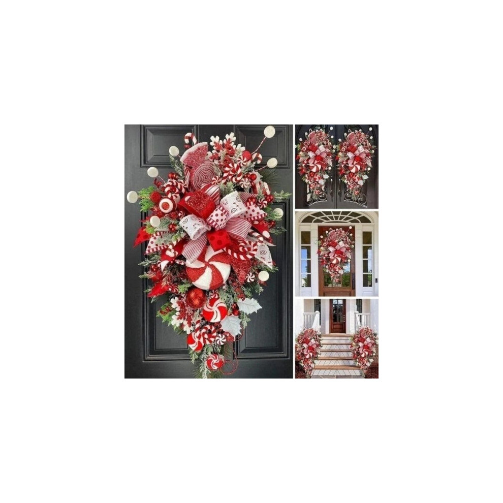 Christmas Wreath Garland Candy Cane Bow Ornament Front Door Wall Home Decor