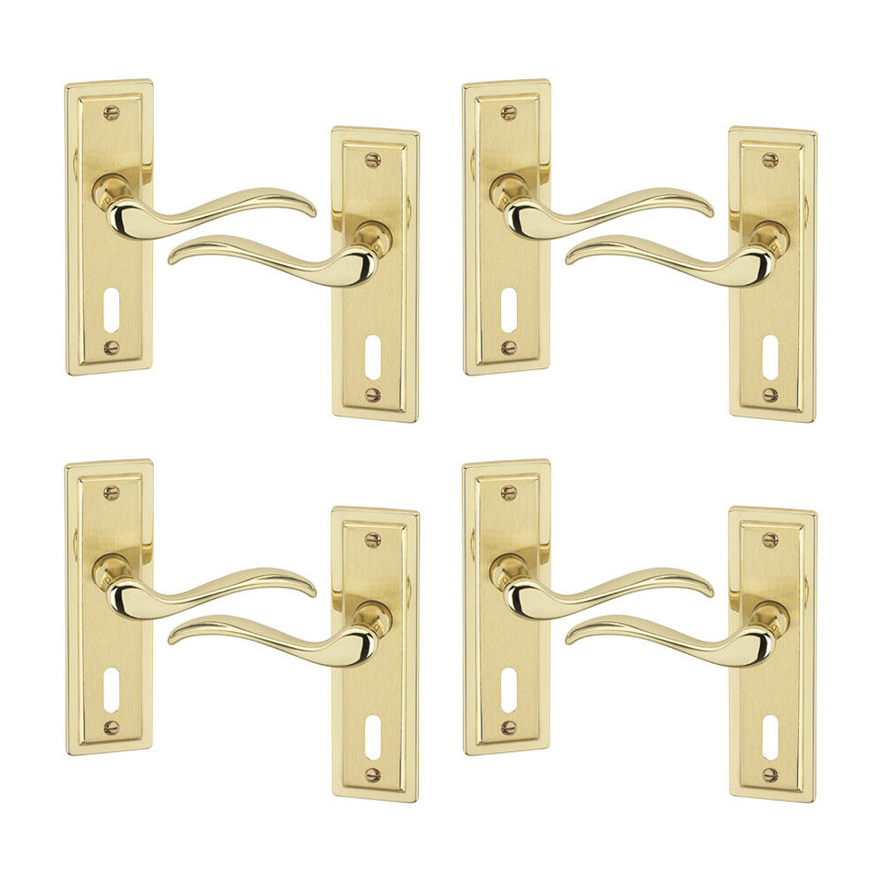 (4x Polished Brass Keyhole) Porto Metal Lever Latch Door Handles Set