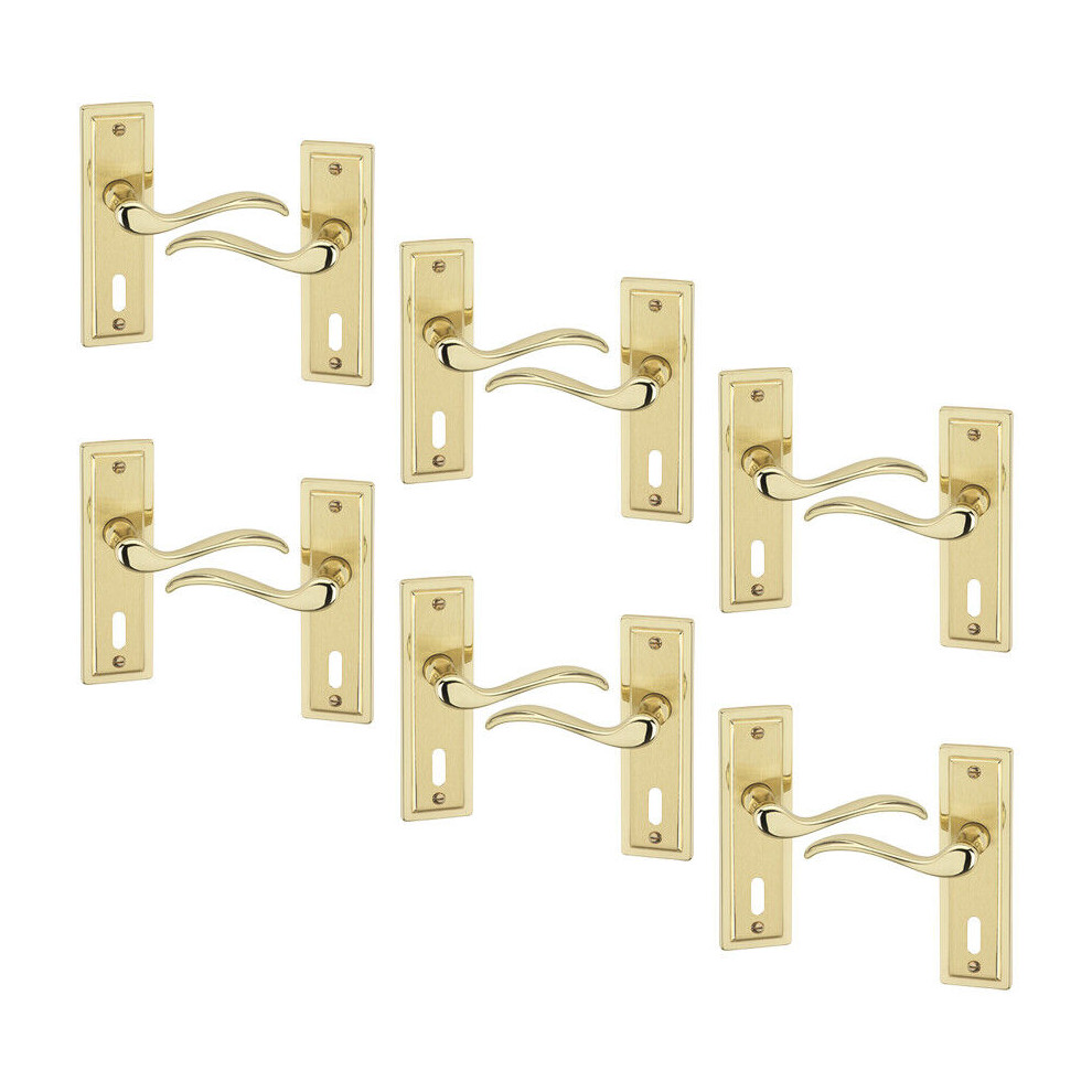 (6x Polished Brass Keyhole) Porto Metal Lever Latch Door Handles Set