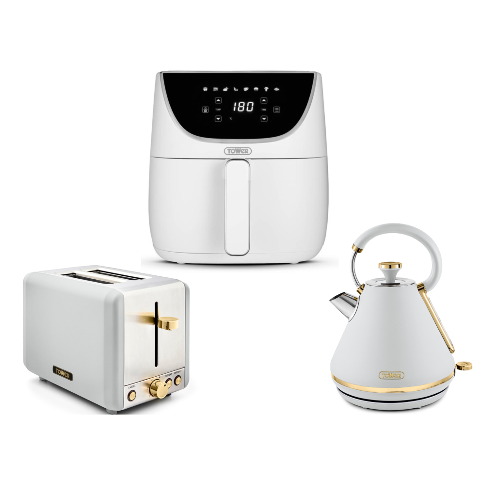 Tower Cavaletto White Kettle 2 Slice Toaster & 6L Vortx Air Fryer Set