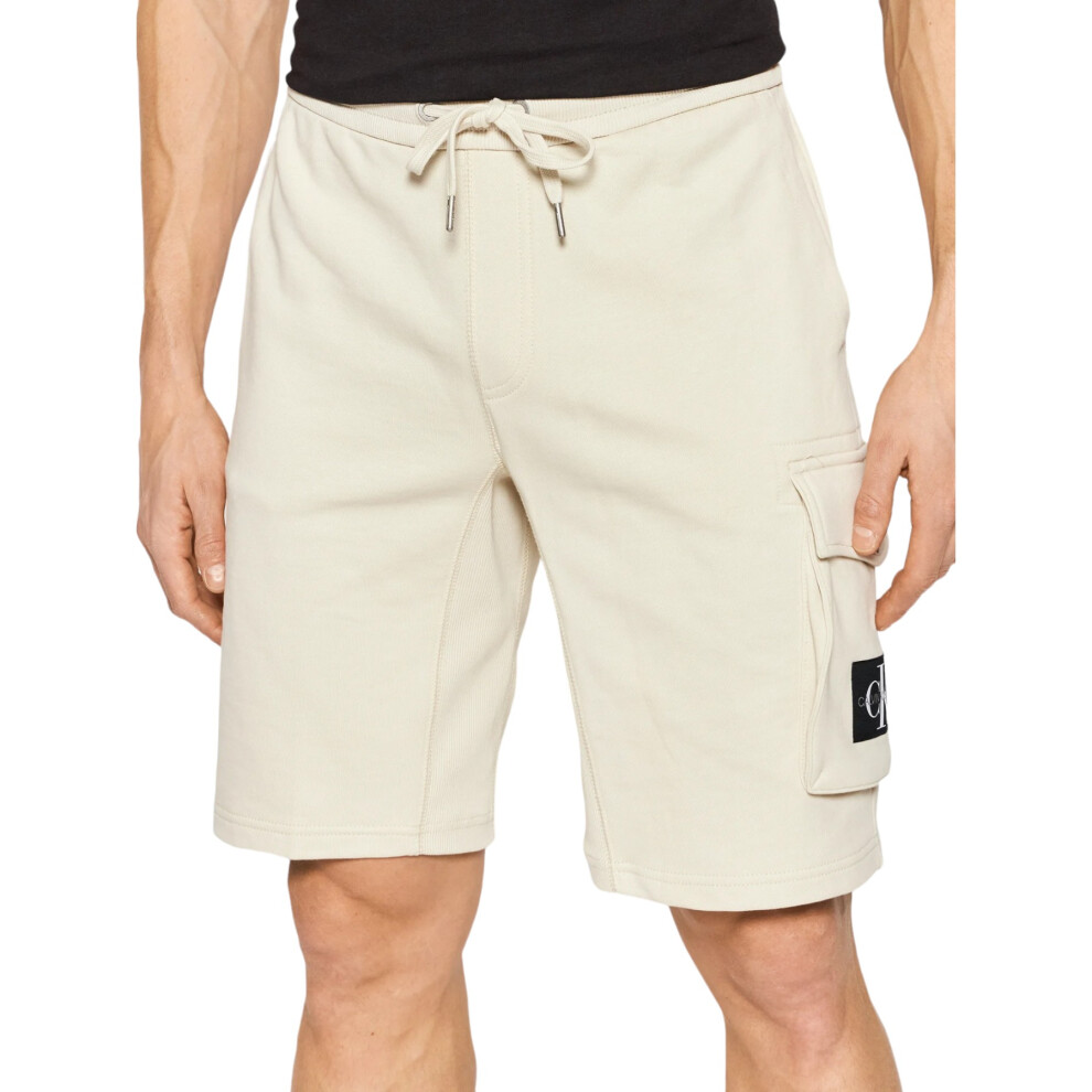 (Beige, XL) Calvin Klein Mens Shorts Monogram Patch Summer