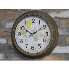 Large Rustic World Map Atlas Metal Round Vintage Antique Wall Clock