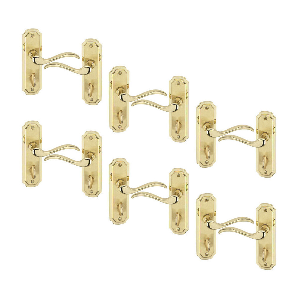 (6x Polished Brass Bathroom) Constance Metal Lever Latch Door Handles Set