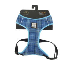 (Small) Blue Check Tartan Harris Tweed Dog Harness With Light Blue Trim In 3 Sizes