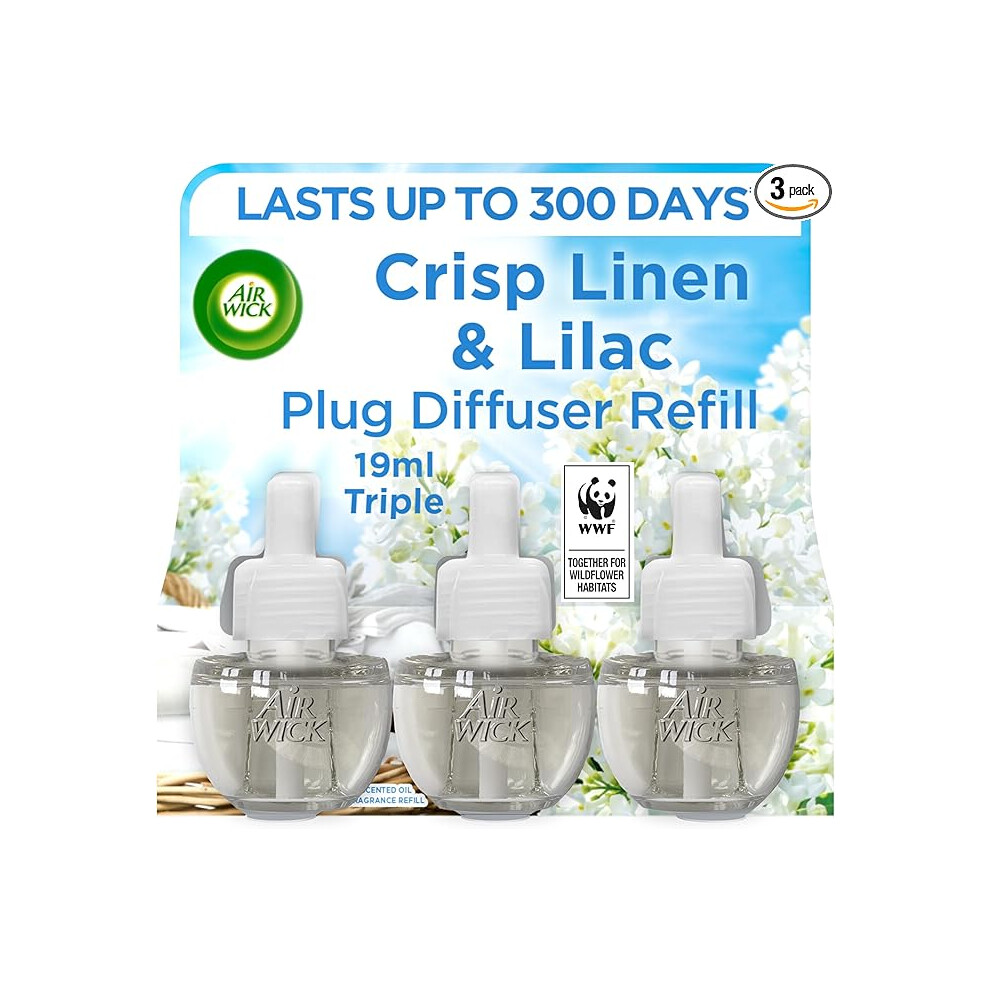 Air Wick Plug in Diffuser Triple Refill, Crisp Linen & Lilac, Pack 3 x19ml, Long Lasting Fragrance, Lasts up to 300 days, Plug in Air freshener