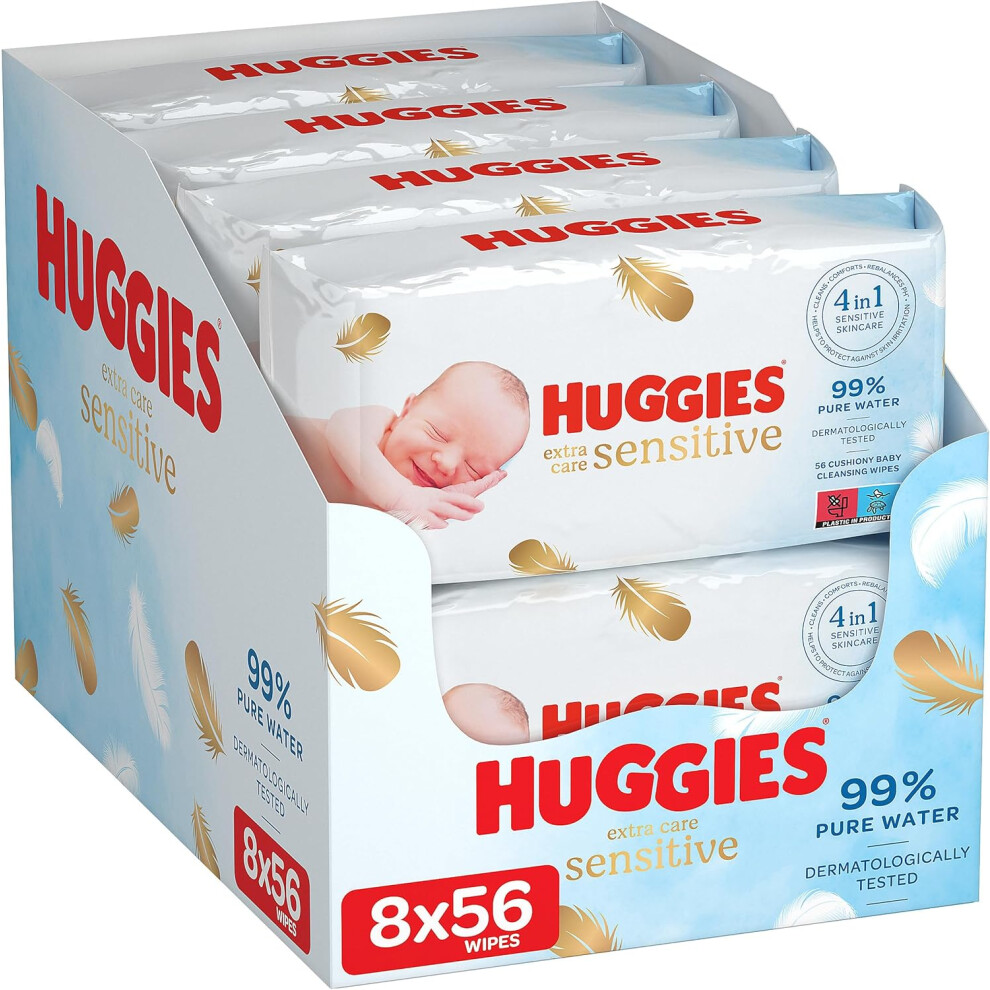 Huggies Pure Extra Care, Baby Wipes 8 Packs (448 Wipes Total) Fragrance Free Wet Wipes for Sensitive Skin 99 Percent Pure Water with Natural Fibres