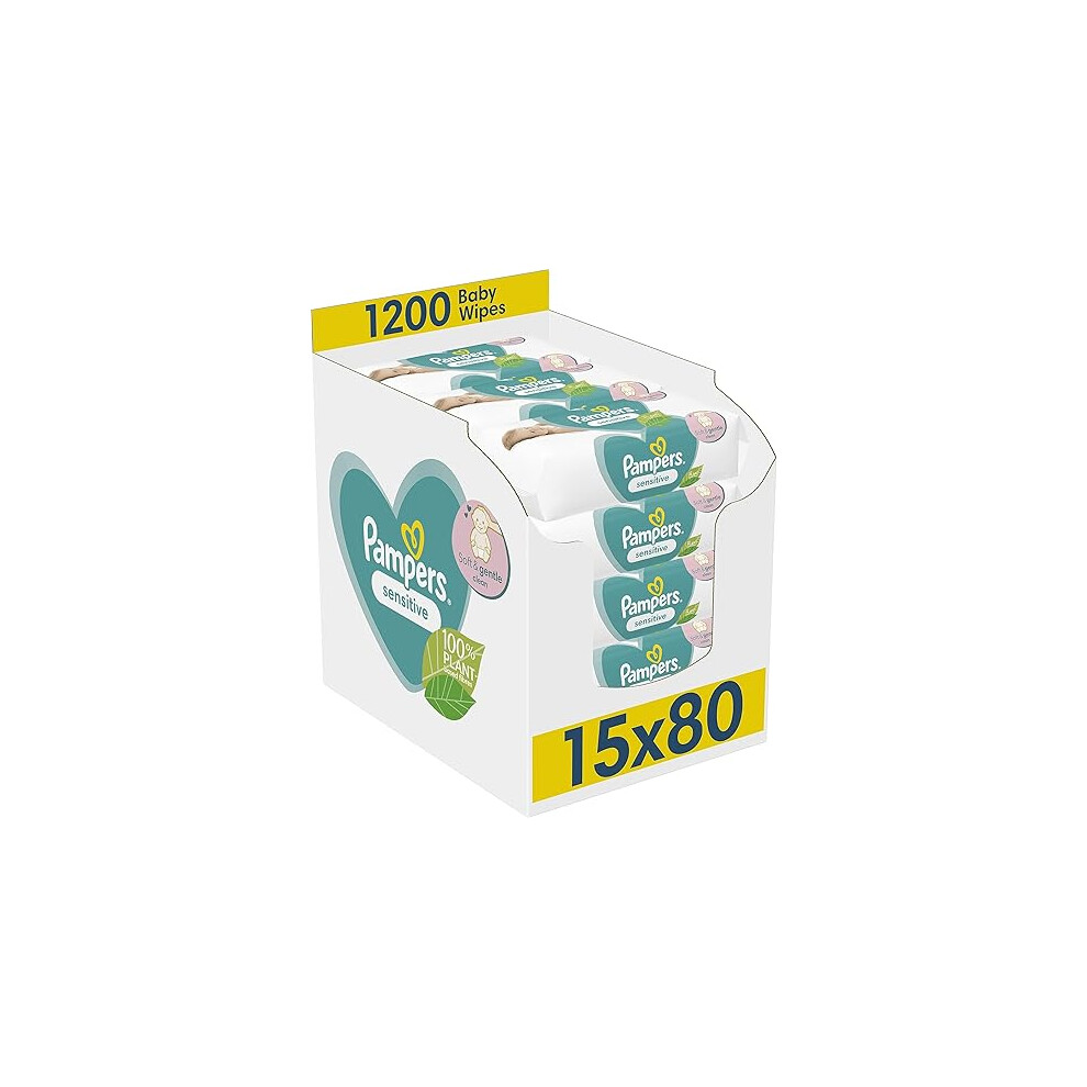 Pampers Sensitive Baby Wipes 15 Packs of 80 = 1200 Baby Wet Wipes, Unscented, For a Soft And Gentle Clean