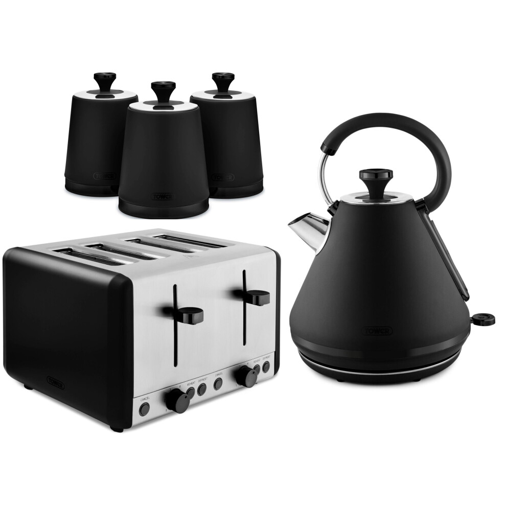 Tower Sera Black Pyramid Kettle 4 Slice Toaster & Canisters Set