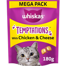 WHISKAS Temptations Tasty Crunchy Treats Adult Cats Small Bite Size Snacks a Delicious Chicken Cheese Filling 4  180 g Packets Pack May Vary
