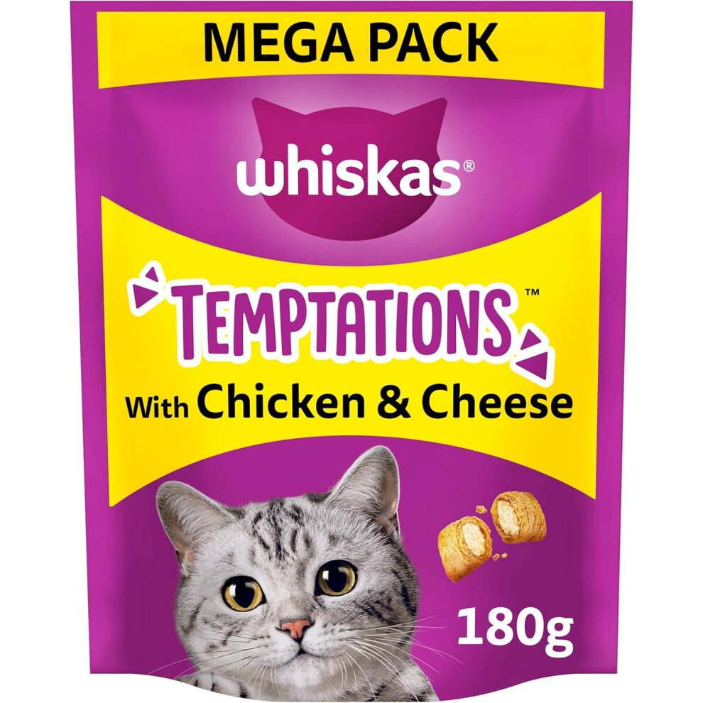 WHISKAS Temptations Tasty Crunchy Treats Adult Cats Small Bite Size Snacks a Delicious Chicken Cheese Filling 4  180 g Packets Pack May Vary