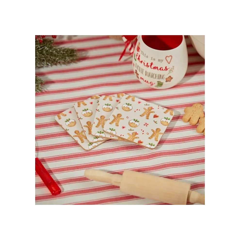 4 Gingerbread Men Coasters Candy Canes & Christmas Puddings Tea Mats