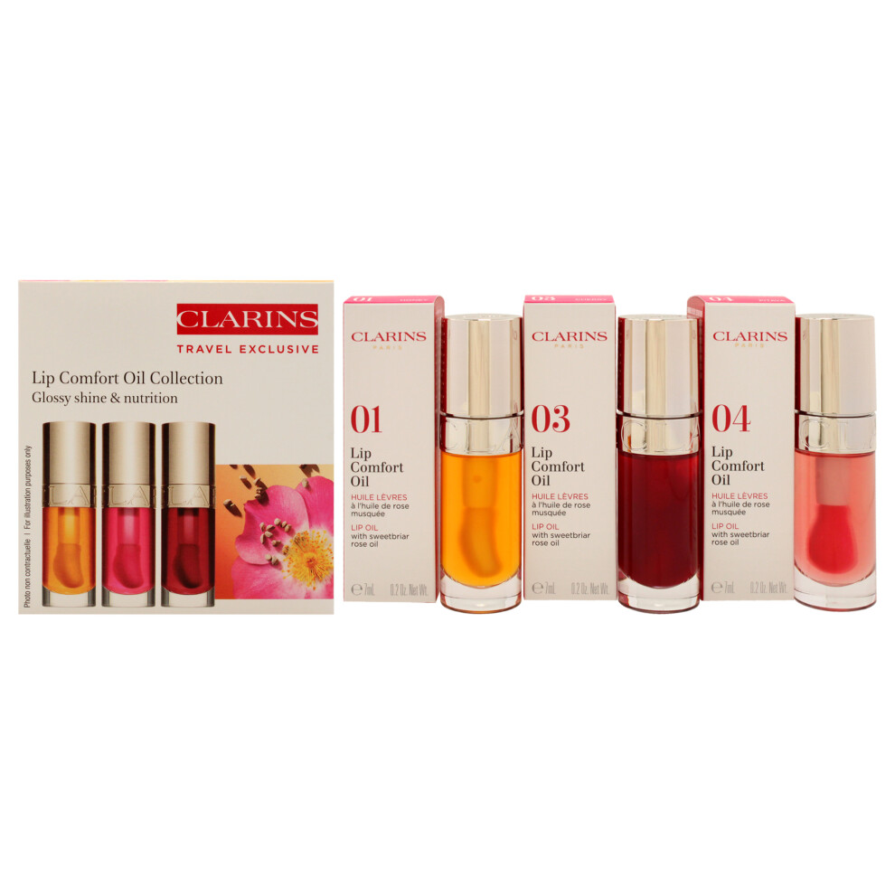 Lip Comfort Oil Collection by Clarins for Women - 3 x 0.2 oz Lip Oil - 01 Honey, Lip Oil - 03 Cherry, Lip Oil - 04 Pitaya