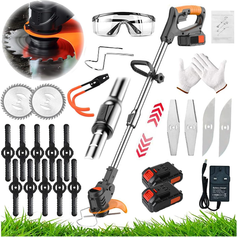 Strimmers Electric Cordless Grass Strimmer Metal Blade Strimmer with 24V 2 Lithium Battery Fast Charger and Three Kinds Spare Blades for Garden