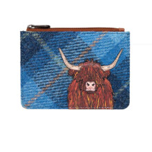 Blue Highland Cow Coo Harris Tweed & Leather Zip Top Purse