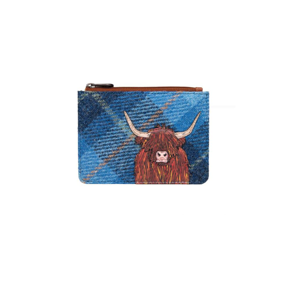 Kilts Wi Hae Blue Highland Cow Coo Harris Tweed & Leather Zip Top Purse