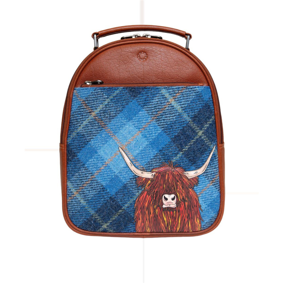 Blue Highland Cow Coo Harris Tweed & Leather Backpack