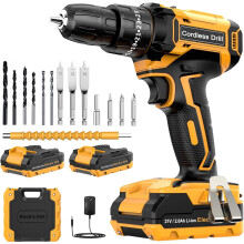Cordless Drill Driver 21V, Cordless Hammer Drill with 2 Batteries 2000mAh, 25 3 Torque, 42N.m Max Electric Drill, 14PCS Drill Bits, 2 Speed, LED Light