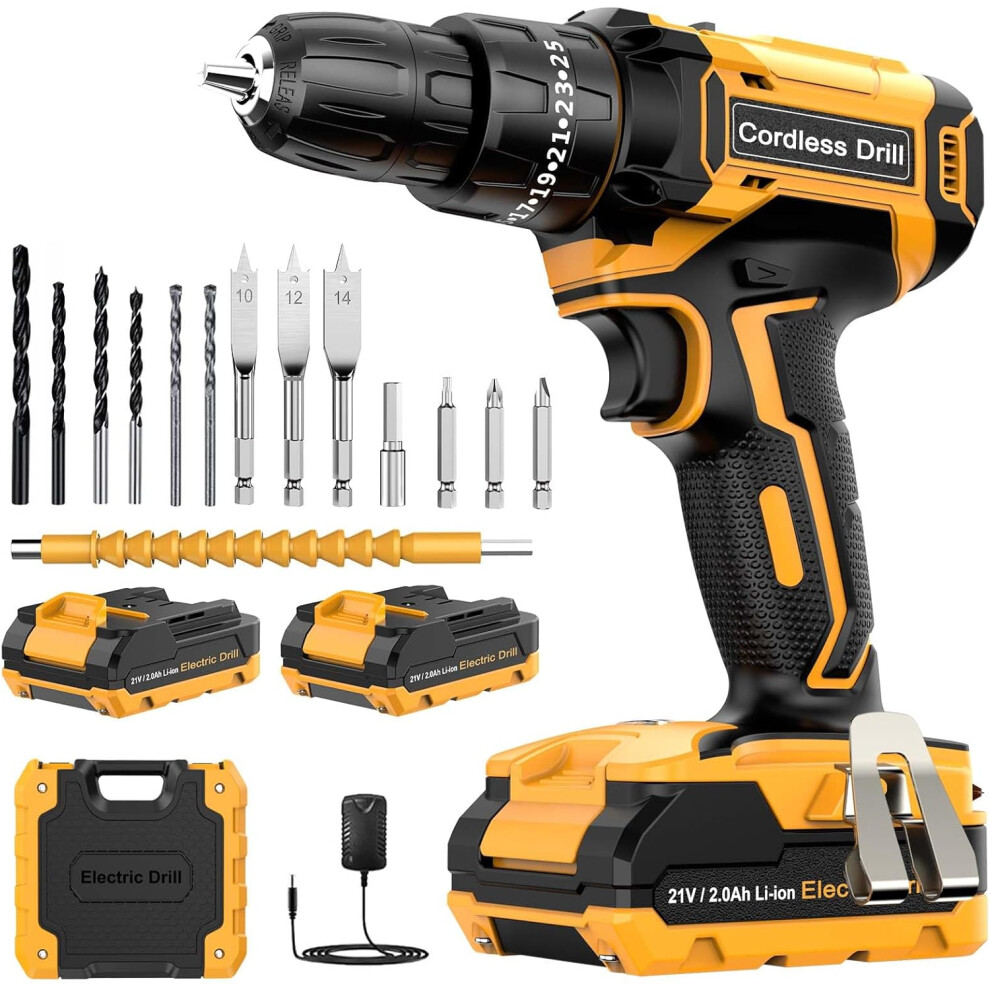 Cordless Drill Driver 21V, Cordless Hammer Drill With 2 Batteries 2000Mah, 25 3 Torque, 42N.m Max Electric Drill, 14Pcs Drill Bits, 2 Speed, Led Light 4038152778047