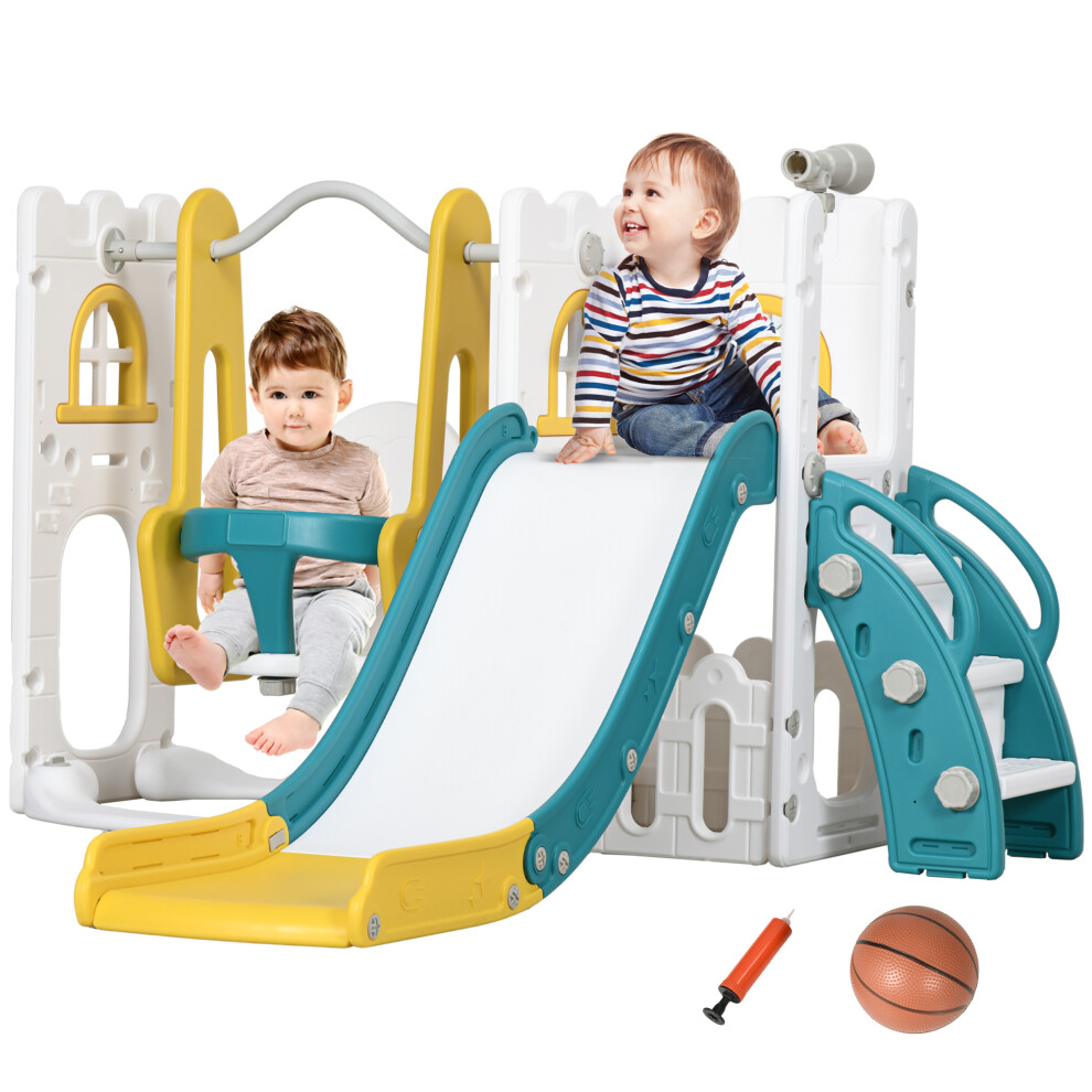 6-in-1 Toddler Swing And Slide Set w/ Basketball Hoop Telescope Climber Yellow