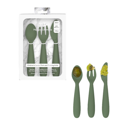 Ezpz EZPZ Happy Utensils (Olive) 1