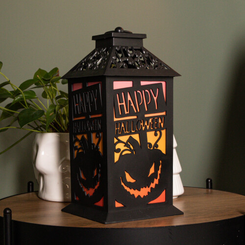 29cm Black Happy Halloween Lantern with Multi-Coloured LEDs