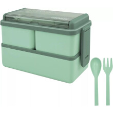 (Green) 3 Compartments Lunch Box Food Container Set Bento Storage Box for Adults Kids L