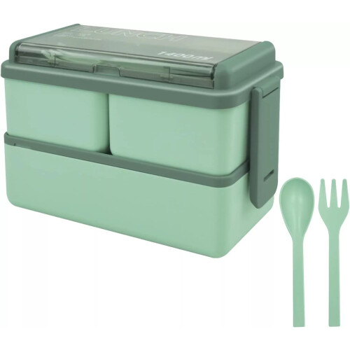 (Green) 3 Compartments Lunch Box Food Container Set Bento Storage Box for Adults Kids L