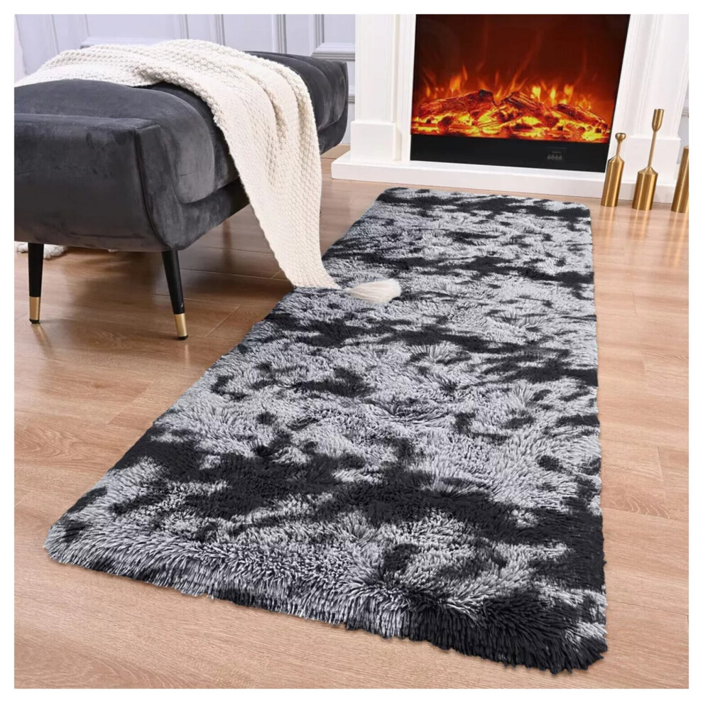 (80cm x 300cm (2ft 6" x 10ft)- Extra Large Hallway Runner Rug) Large Shaggy Fluffy Rugs Anti-Slip Super Soft Mat Living Room Carpet Black & Grey