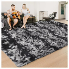(200cm x 290cm (6ft 8" x 9ft 7")- Extra Large Area Rug) Large Shaggy Fluffy Rugs Anti-Slip Super Soft Mat Living Room Carpet Black & Grey